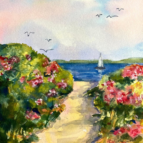 Watercolor Seascape Cape Cod Sand Dunes Original Watercolor  Beach Roses Path Ocean  Summer Seascape  Wall Art Gift of Art Small Art