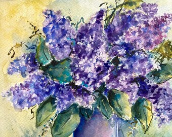 Watercolor Lilacs Original Painting Purple Lilacs in a Tall Vase Still Life Mother's Day Gift  Wall Art Eclectic Decor Gift for Lilac Lover