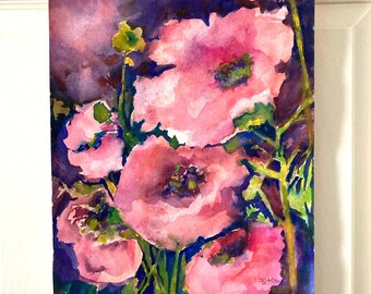 Watercolor Poppies, Original not a Print, Abstract Impressionist Art, Colorful Wall Art, Gift of Art For Him or Her, Bohemian Eclectic Decor