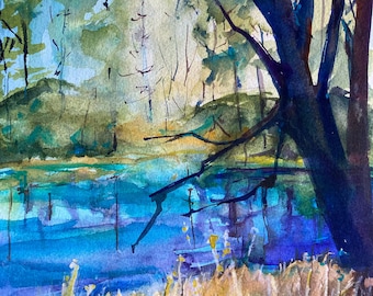 Watercolor Landscape River Pond Trees, Original Watercolor Not a Print, Gift of Art ,  Watercolor Tree in Early Spring Eclectic Decor