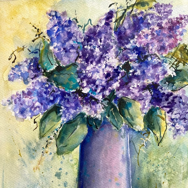 Watercolor Lilacs Original Painting Purple Lilacs in a Tall Vase Still Life Mother's Day Gift  Wall Art Eclectic Decor Gift for Lilac Lover