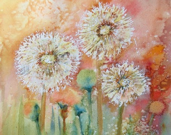 Watercolor Dandelions Print from Original Painting Wild Flowers Farmhouse Cottage Core  Soothing Pastel Colors CarlottasArt