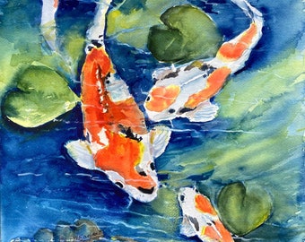 Koi Fish Pond Watercolor Fish Painting  Original Art Dining Room Kitchen Painting Restaurant Art Fish Wall Decor Cottage Decor