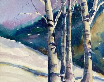 White Birch Watercolor Original Art New England Winter Birch  Snow Scene Wall Art For Home or Lodge Gift For Him or Her Wall Decor