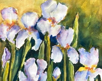 Iris Watercolor Original Art White Iris Painting Wall Decor Eclectic Home Floral Wall Art White Iris Garden Gift for Her