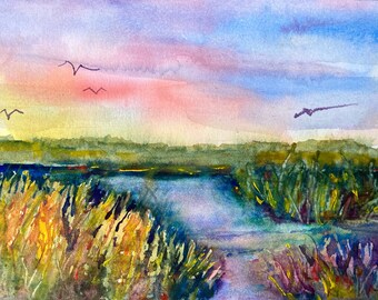 Watercolor Marsh Painting Wall Art for Small Space Original Art Seascape Cottage Core Mantle Decor Mother's Day Gift For Cape Cod Lover