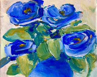 Acrylic Floral Blue Flowers Blue Pot  8" x 8" Gallery Wrapped Canvas Impressionist Acrylic Flowers Wall Art Mantle Decor Eclectic Decor Gift