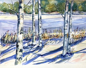 Watercolor Birch Trees Winter Landscape Snow Scene New England Meadow Original Art Shadows in Snow Gift of Art Contemporary Landscape Snow