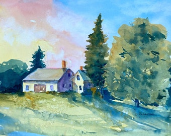 Watercolor Maine Farm Landscape Small 9" x12" Original Watercolor Not a Print Early Summer Maine New England Farmhouse Rustic Decor Wall