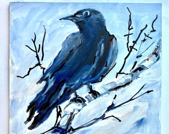 Acrylic Mystical Black Bird Painting Crow Painting Original Art Not a Print Animal Nature Bird Art Gift for Bird Lover Mantle  Decor 5" x 5"