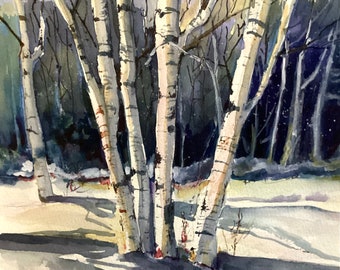 New England White Birch Winter Landscape, Original Watercolor Landscape, Living Room Wall Decor, Gift For Snow Lover, Farmhouse Decor