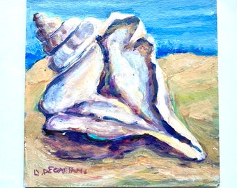 Acrylic Sea Shell Painting Miniature Art 4" x 4" Gift For Beach Lover Mantle Decor Seashore Original Art