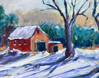 Red Barn Winter Landscape Original Acrylic Painting, 5" x 7" Snow Scene  Mantle Art Christmas Gift Art Find  Small Red Barn Painting Cottage