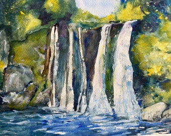 Original Watercolor Waterfalls Painting Home Decor Wall Art Impressionist Painting Eclectic Art Gift