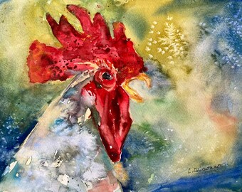 Rooster Painting Original Watercolor Rustic Wall Art Animals and Birds Original Art Gift for Rooster Lover Rustic Farmhouse Wall Decor