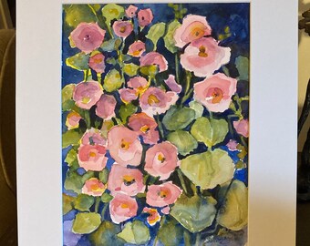 Original Watercolor Hollyhocks Floral Gift of Art Pink Hollyhocks Bedroom Bathroom Wall Art Small Painting Girl's Room Wall Art Gift For Her