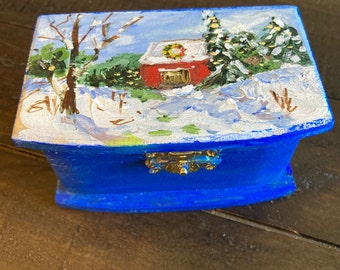 Trinket Box Christmas Snow Scene, 4"x 2"x 2" Hand Painted Winter Landscape on Painted Trinket Box for Ring, Gift for Her, Box for Teen