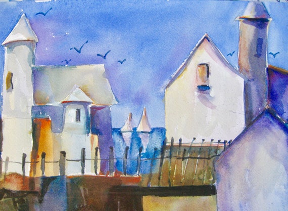 Fishing Village Watercolor Painting Fish Shacks Small Etsy