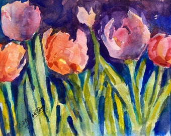 Original Watercolor Tulips Painting Small Tulip Garden Painting Impressionist Watercolor Wall Art Home Decor Eclectic Orange Pink Art