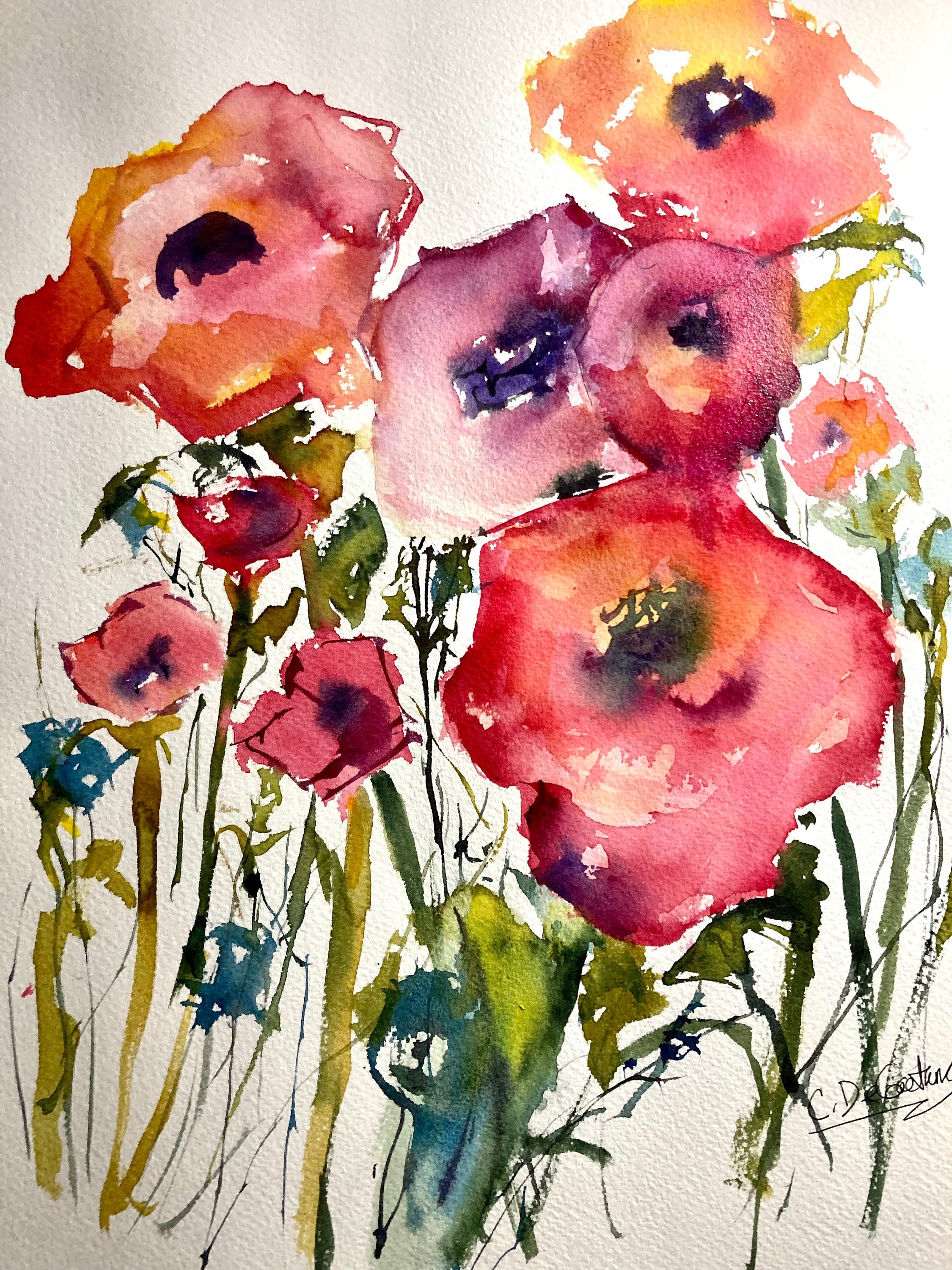 Watercolor Poppy Painting, Floral Wall Hanging (12x16), Artist