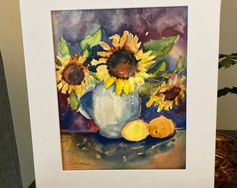 Still Life Watercolor Sunflowers Lemon + Orange Gift of Art for Her Wall Decor Mat Included Living Room Wall Decor Original Watercolor