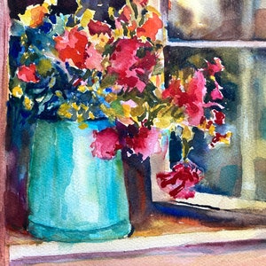 May include: Watercolor painting of a window with a turquoise vase filled with red and yellow flowers. The window frame is light brown, and the background shows a glimpse of the outdoors.