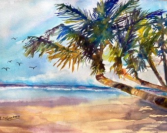 Original Watercolor Palm Trees Tropical Seascape Island Serene Beach Wall Art  Gift of Art Ocean with Palm Trees