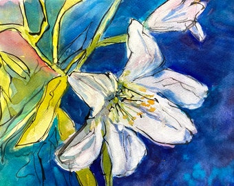 White Lily Watercolor Painting , original art, 11" x 12" watercolor, Blue and White Lily Painting, Floral Wall Decor