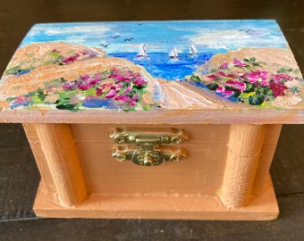 Trinket Box 4"x 2"x 2" Hand Painted Summer Beach Scene, Ring Box, Gift Box, Gift for Her, Small Fairy Box,  Teen Gift Box, Hostess Gift