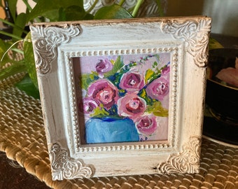 Small Painting Pink Roses, Framed Original Art, Cottagecore Decor, Mini Mantle Decor, Shabby Chic, Hostess Gift, Gift for Her, Framed Art