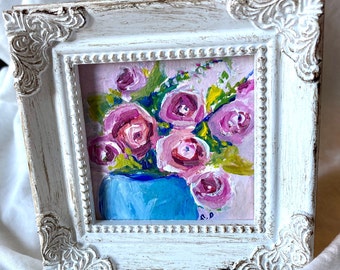 Original Art Pink Roses Framed Miniature Acrylic Painting Mantle Decor Cottage Core Decor  Mother's Day Gift  of Flowers