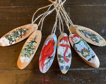 Hand Painted Wood Slice Snowman Ornaments,  Rustic Snowman Ornament,    Cardinal Ornament, Winter  Pine Tree Ornament, Set of 6 Ornaments