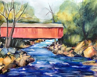 Covered Bridge Watercolor New England Original Watercolor Not a Print Red Covered Bridge Gift for Him Art for Covered Bride Enthusiast