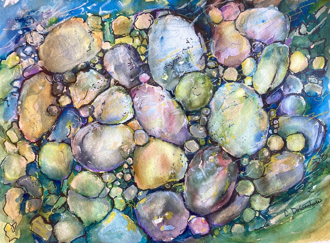 Watercolor Rocks, Low Tide, Original Art Seascape, Colorful Rocks and ...