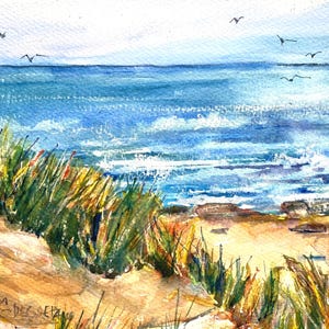 Watercolor Seascape, Cape Cod Seagrass, Dunes Ocean Waves, Original Signed Painting, Provincetown Beaches , Art Gift