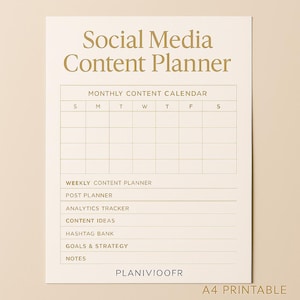 Peut inclure: Un planificateur de contenu de médias sociaux beige avec du texte doré. Le planificateur comprend des sections pour un calendrier de contenu mensuel, un planificateur de contenu hebdomadaire, un planificateur de publication, un suivi des analyses, des idées de contenu, une banque de hashtags, des objectifs et une stratégie, et des notes.