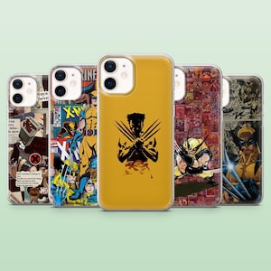 May include: A collection of phone cases featuring Wolverine comic book art. The cases display various images of the character, including action poses and comic book panels. The cases are in a row, showcasing the different designs.