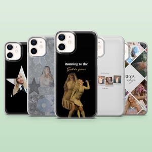 May include: Five phone cases are displayed, each with a unique design. One case has a black star with a woman's image, another features a star and glitter, and a third displays a woman in a gold dress with the text "Running to the Golds gone". The other two cases have images of a woman.