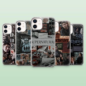 May include: A collection of five phone cases with various designs. Each case features a clear border and a unique collage of images and text. The designs include images of actors, text that says "Supernatural", and other graphic elements.