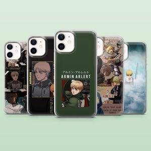 May include: A collection of five phone cases featuring anime character Armin Arlert. The cases display various images of the character, with text including "ARMIN ARLERT" and Japanese characters. The cases have a glossy finish and are in various colors.