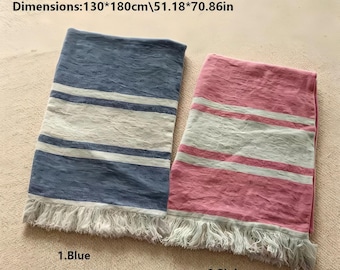 100% Natural Linen Throw Blanket,Sofa Throw, Blue Pink Striped Linen Shawl Blanket, Farmhouse Couch Cover, Washable Linen Decor