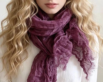 Wrinkled Linen Scarf for Women, Lightweight Linen Shawl, Handmade Soft Summer Scarf, Boho Fashion Wrap, Gift for Her, Long Linen Neck Scarf