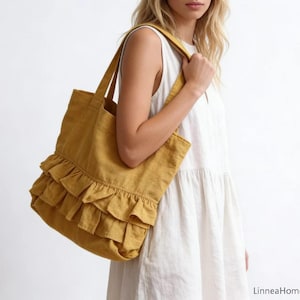 Handmade French Linen Tote Bag – Ruffled Hem, Soft Pastel Colors, Eco-Friendly Shoulder Bag, 42x38cm, Artisan Crafted, No Plastic