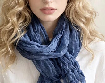 Hand Dyed Linen Scarf | Lightweight Crinkle Linen Shawl | Soft Summer Wrap for Women | Boho Linen Scarf | Breathable Travel Scarf Gift