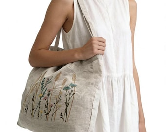 Hand Embroidered Linen Tote Bag | Floral Botanical Shoulder Bag | Eco Friendly Reusable Shopping Bag | Artisan Handmade Gift