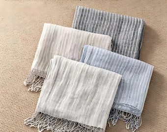 100% French Linen Scarf – Soft Washed Fringe Scarf, Lightweight Color Block Shawl, Natural Artistic Wrap for Women