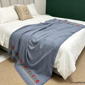 Boho Hemp Embroidered Throw Blanket, Handmade Fringe Blanket, Rustic Blue Woven Throw, Floral Embroidery Bohemian Bed Cover, Sofa Throw