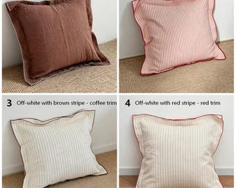 French Linen Pillow Cover, Washed Linen Cushion Case, Stripe Throw Pillow, Luxury Euro Sham, Handmade Pillow Cover, No Insert