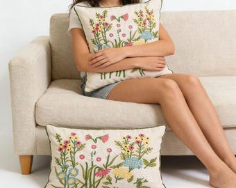 Sunflower & Daisy Embroidered Linen Pillow Cover – Nordic Floral Cushion Cover for Hotel Style Home Decor, No Insert