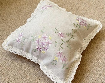 Lily of the Valley Linen Embroidered Pillow Cover 55x55cm – Floral Hand-Embroidered Cushion Cover with Cotton Lace, Without lining